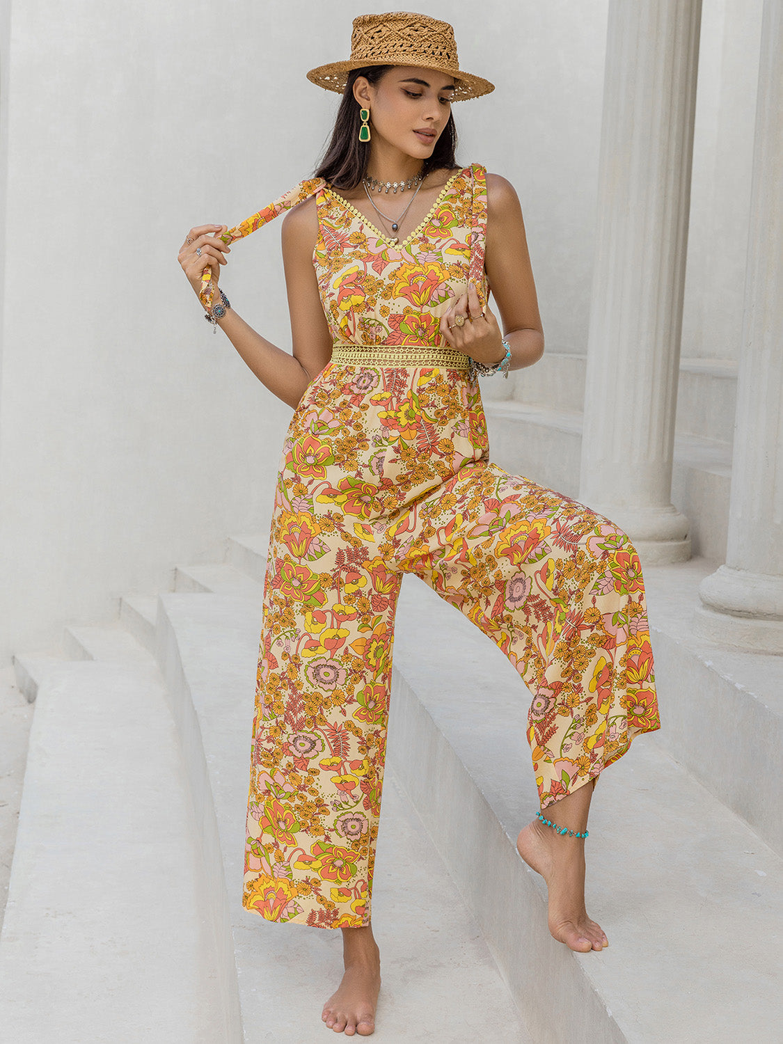 Printed V-Neck Tie Shoulder Jumpsuit Sunset and Swim   