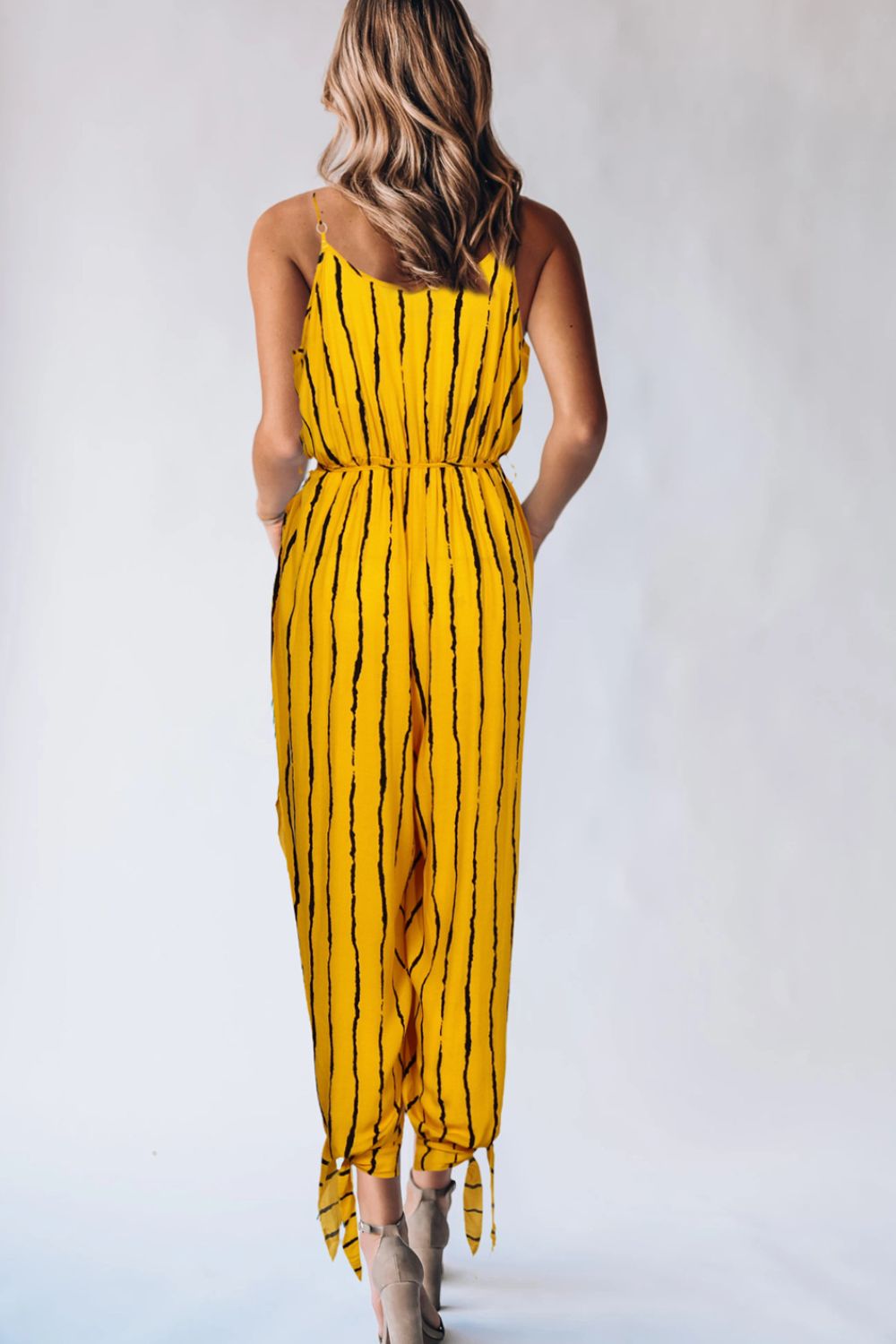 Sunset and Swim  Striped Contrast Tie Ankle Spaghetti Strap Jumpsuit Sunset and Swim   