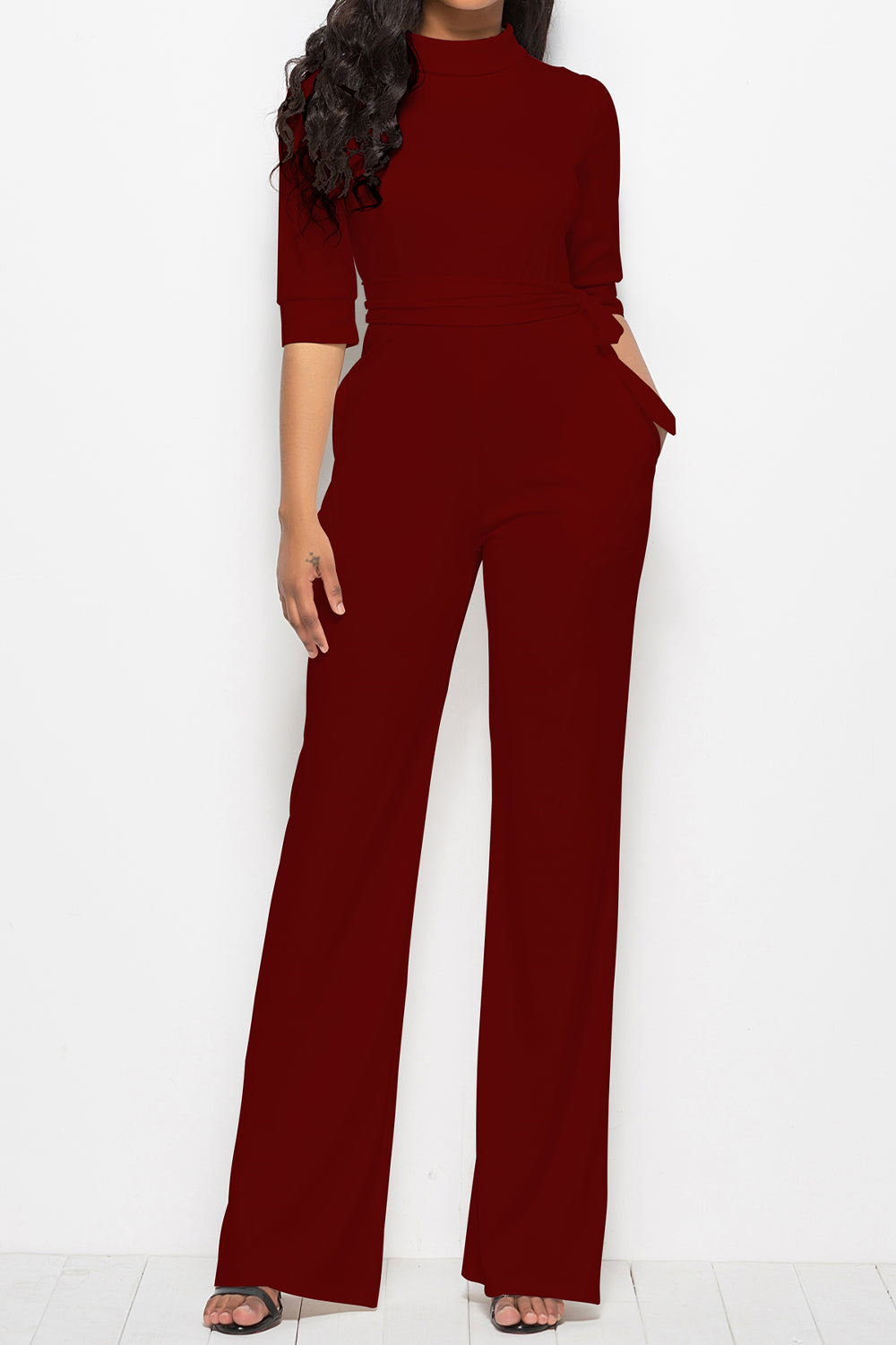 Mock Neck Tie-Waist Half Sleeve Jumpsuit Sunset and Swim Wine S 