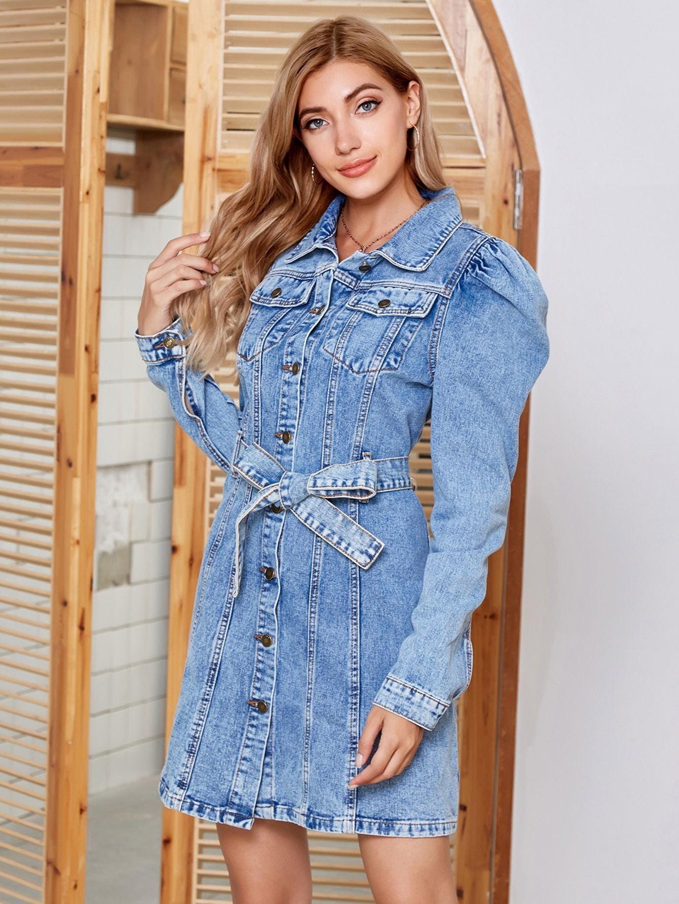 Tied Button Up Collared Neck Denim Dress Sunset and Swim   