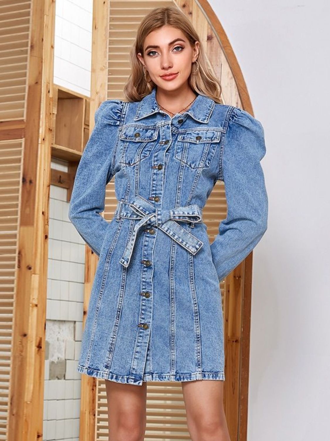 Tied Button Up Collared Neck Denim Dress Sunset and Swim   