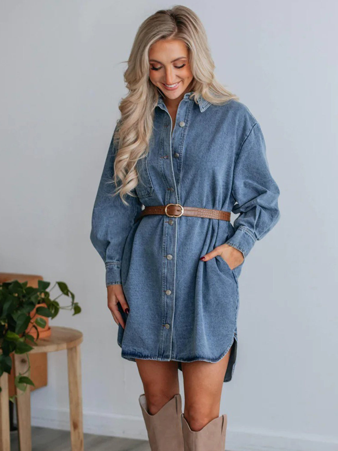 Button Up Collared Neck Long Sleeve Denim Dress Sunset and Swim   