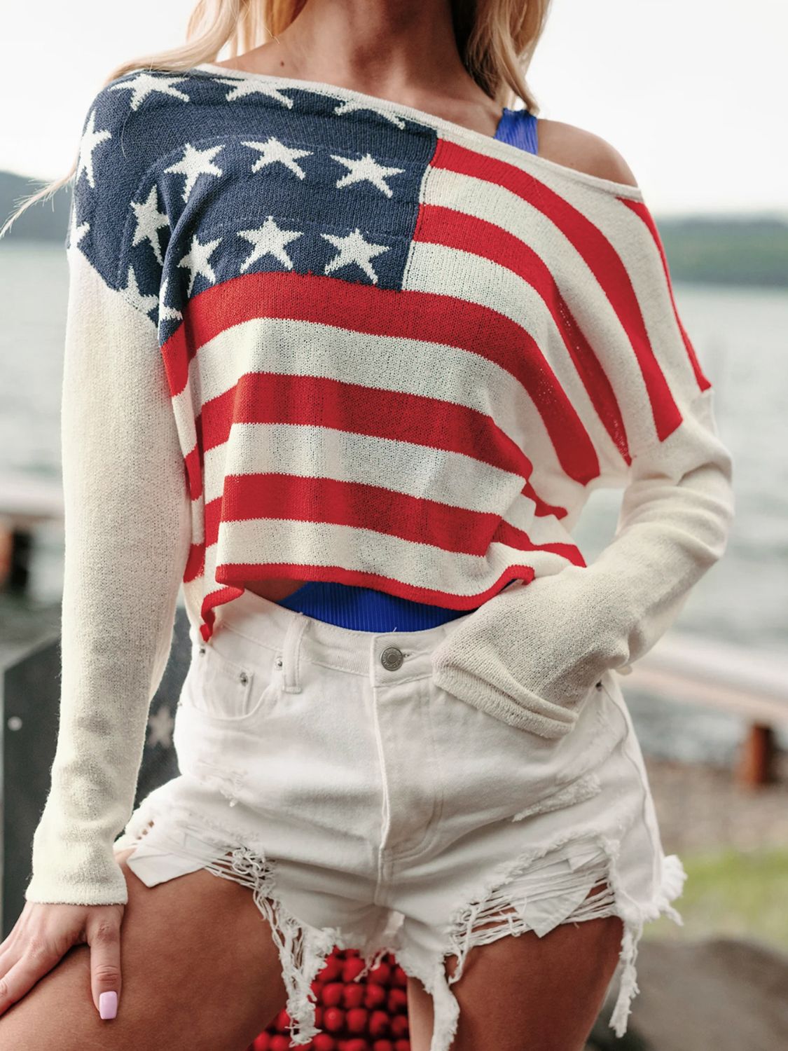US Flag Boat Neck Long Sleeve Knit Top Sunset and Swim   