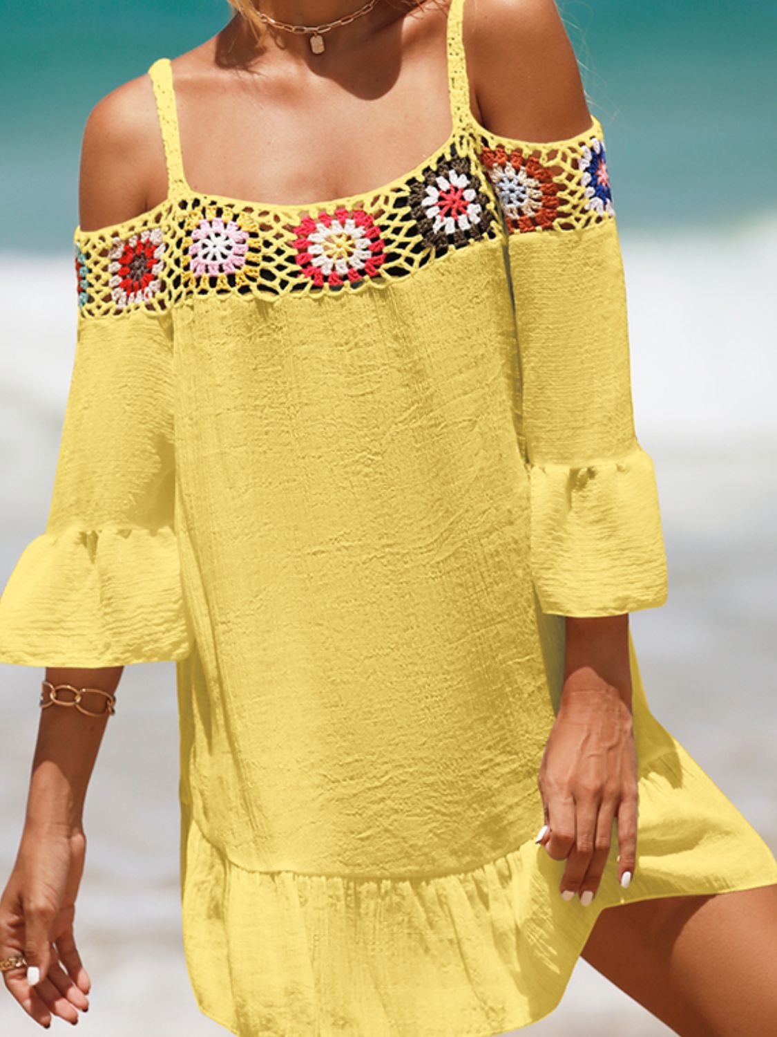 Sunset Vacation  Crochet Cold Shoulder Three-Quarter Sleeve Beach Cover Up Sunset and Swim   