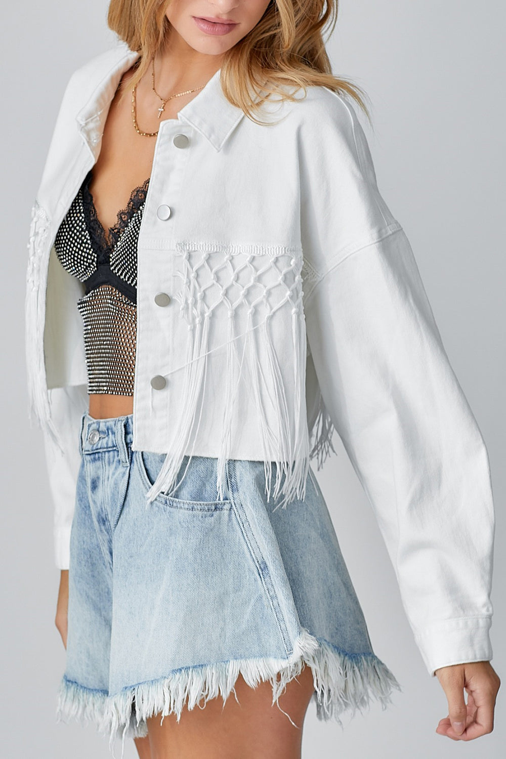 Tassel Sequin Letter Long Sleeve Denim Jacket Sunset and Swim   