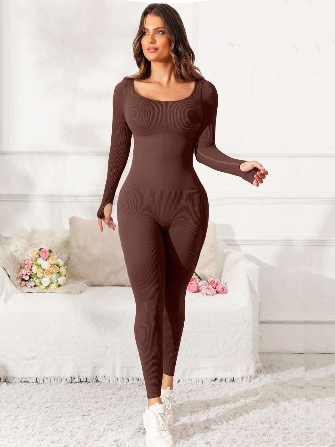 Scoop Neck Long Sleeve Active Jumpsuit Sunset and Swim   