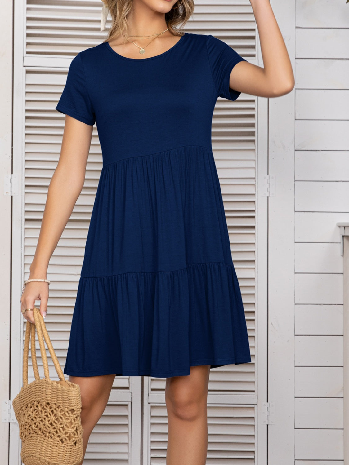 Round Neck Short Sleeve Mini Tee Dress Sunset and Swim   