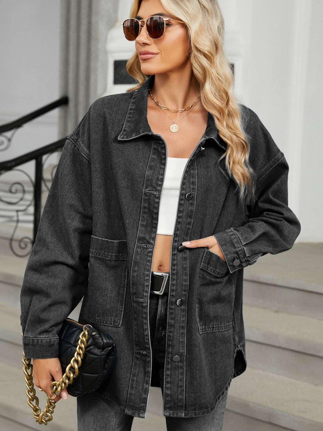 Removable Hood Button Up Long Sleeve Denim Jacket Sunset and Swim   