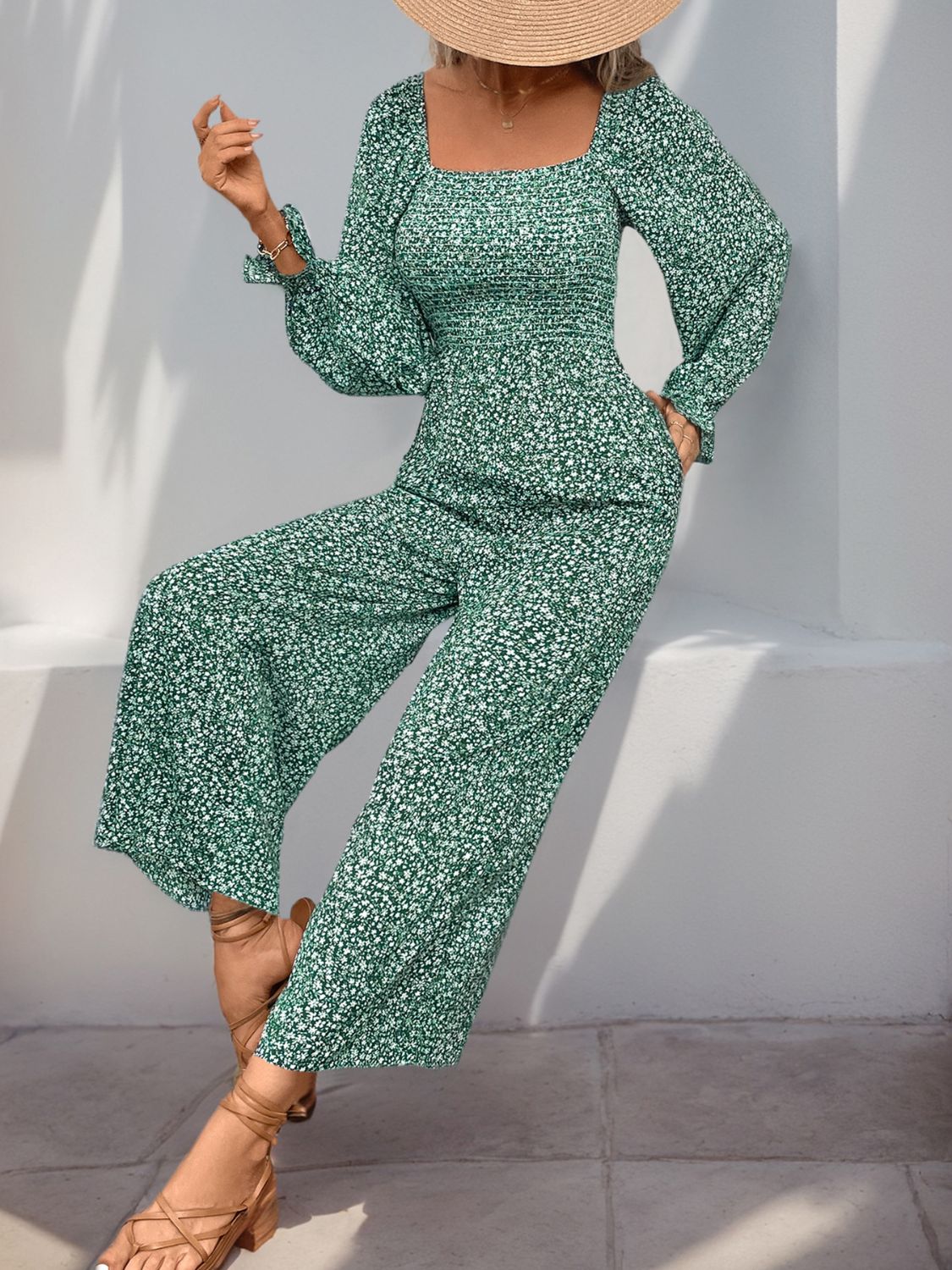 Sunset Vacation Perfee Smocked Printed Long Sleeve Wide Leg Jumpsuit Sunset and Swim   