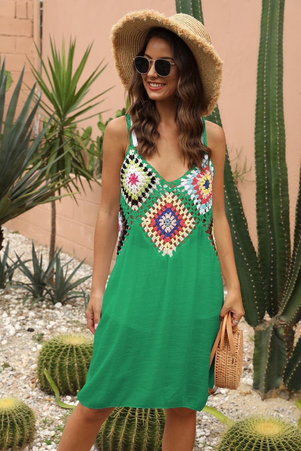 Openwork Sleeveless Embroidery Dress  Sunset and Swim Mid Green One Size 