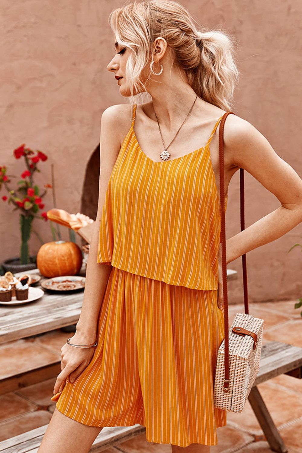 Striped Spaghetti Strap V-Neck Romper Sunset and Swim   