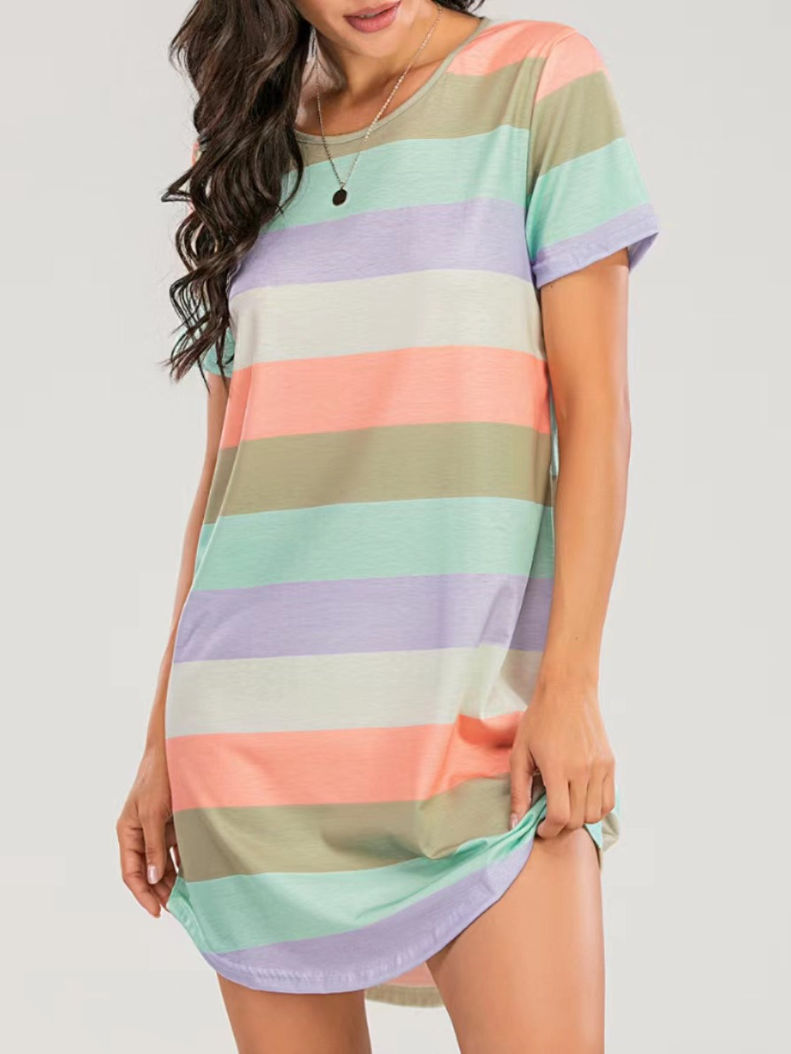 Sunset and Swim  Striped Round Neck Short Sleeve Tee Dress Sunset and Swim   