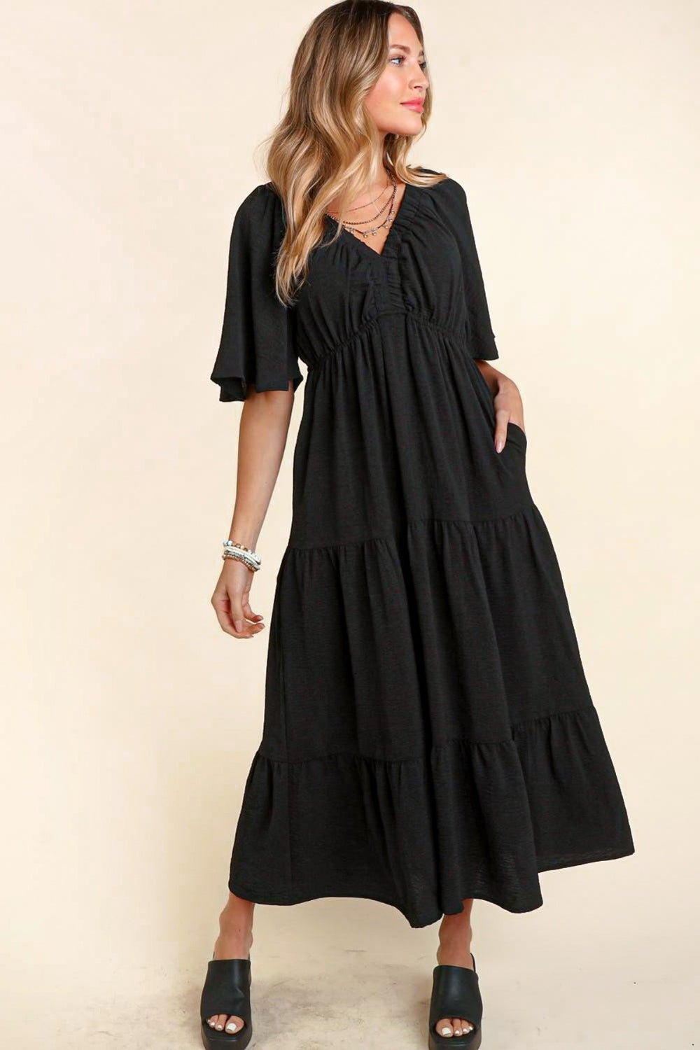 Sunset Vacation Tiered Babydoll Maxi Dress with Side Pocket Sunset and Swim Black S 