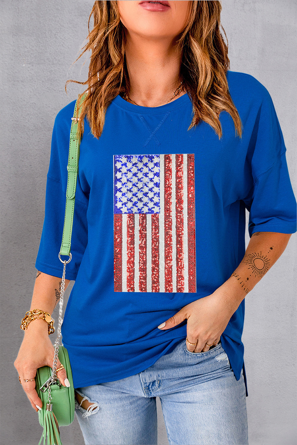 US Flag Round Neck Half Sleeve T-Shirt Sunset and Swim Royal Blue S 