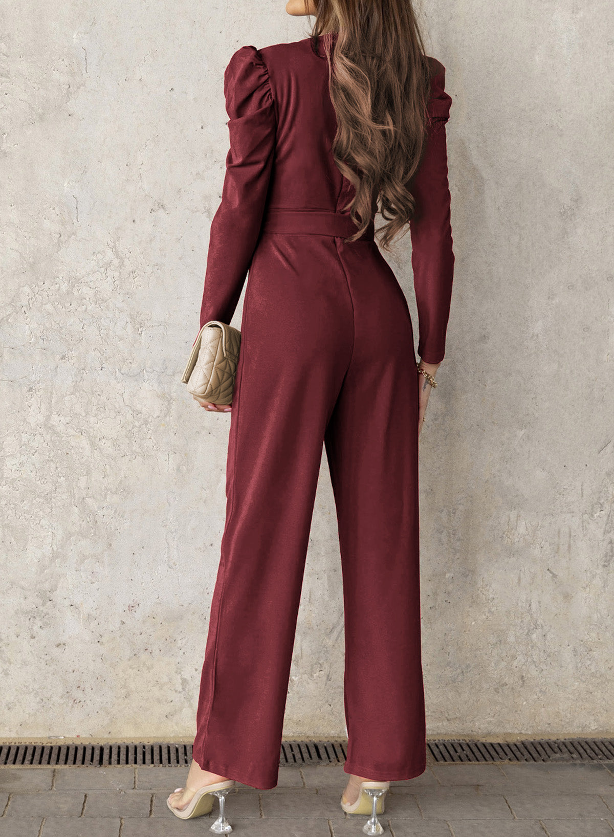 Sunset and Swim Belted Long Puff Sleeve V-Neck Jumpsuit Sunset and Swim   