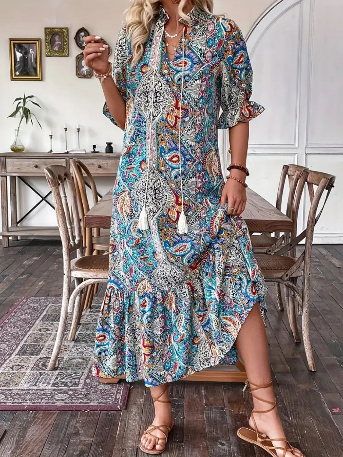 Printed Tie Neck Flounce Sleeve Midi Dress Sunset and Swim French Blue S 