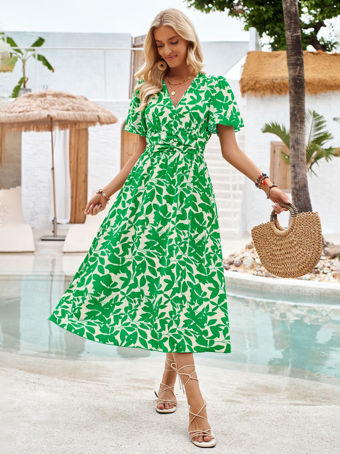 Sunset Vacation Printed Surplice Short Sleeve Midi Dress Sunset and Swim Green S 