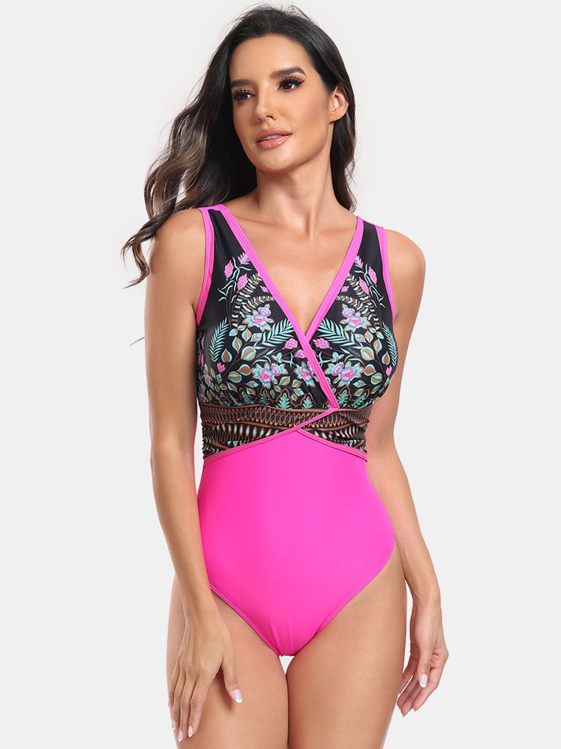 Sunset Vacation  Printed Surplice Wide Strap One-Piece Swimwear Sunset and Swim   