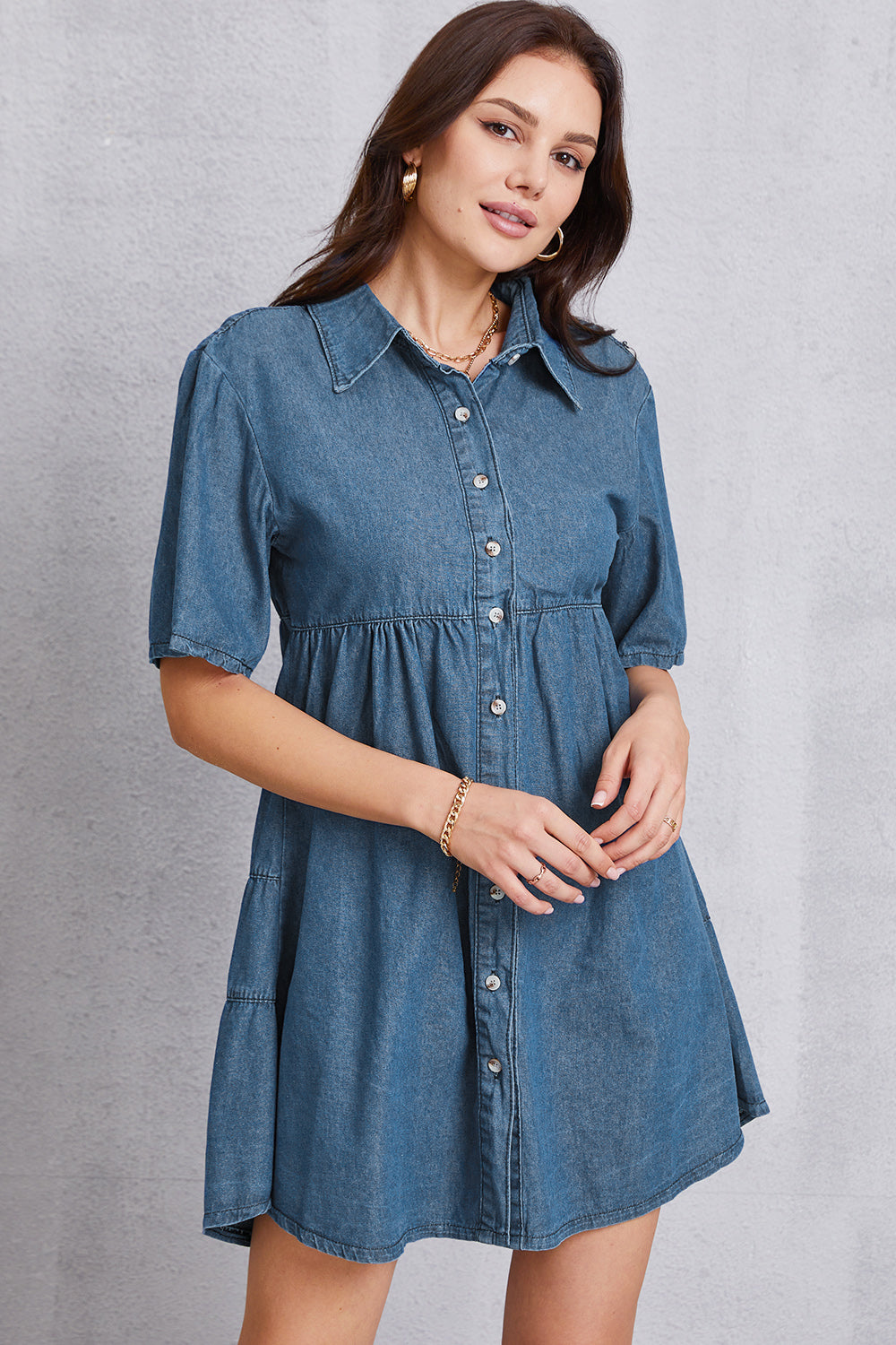 Button Up Collared Neck Tiered Denim Dress Sunset and Swim   