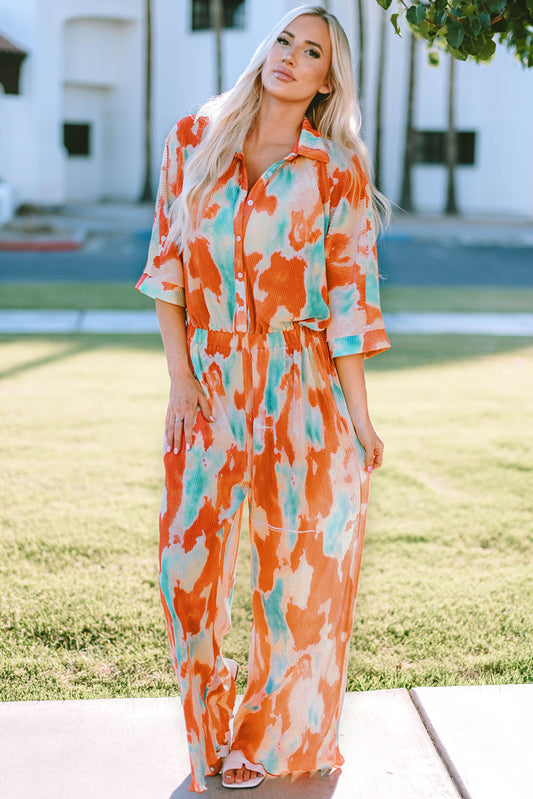 Tie-Dye Collared Wide Leg Jumpsuit  Sunset and Swim Multicolor S 