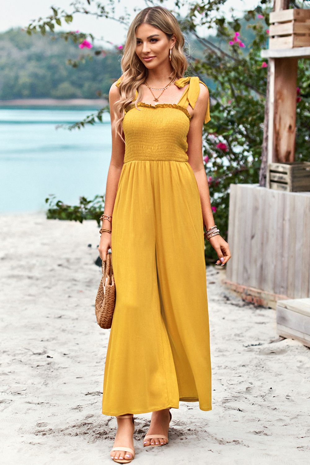 Sunset and Swim Frill Trim Tie Shoulder Wide Leg Jumpsuit with Pockets Sunset and Swim   