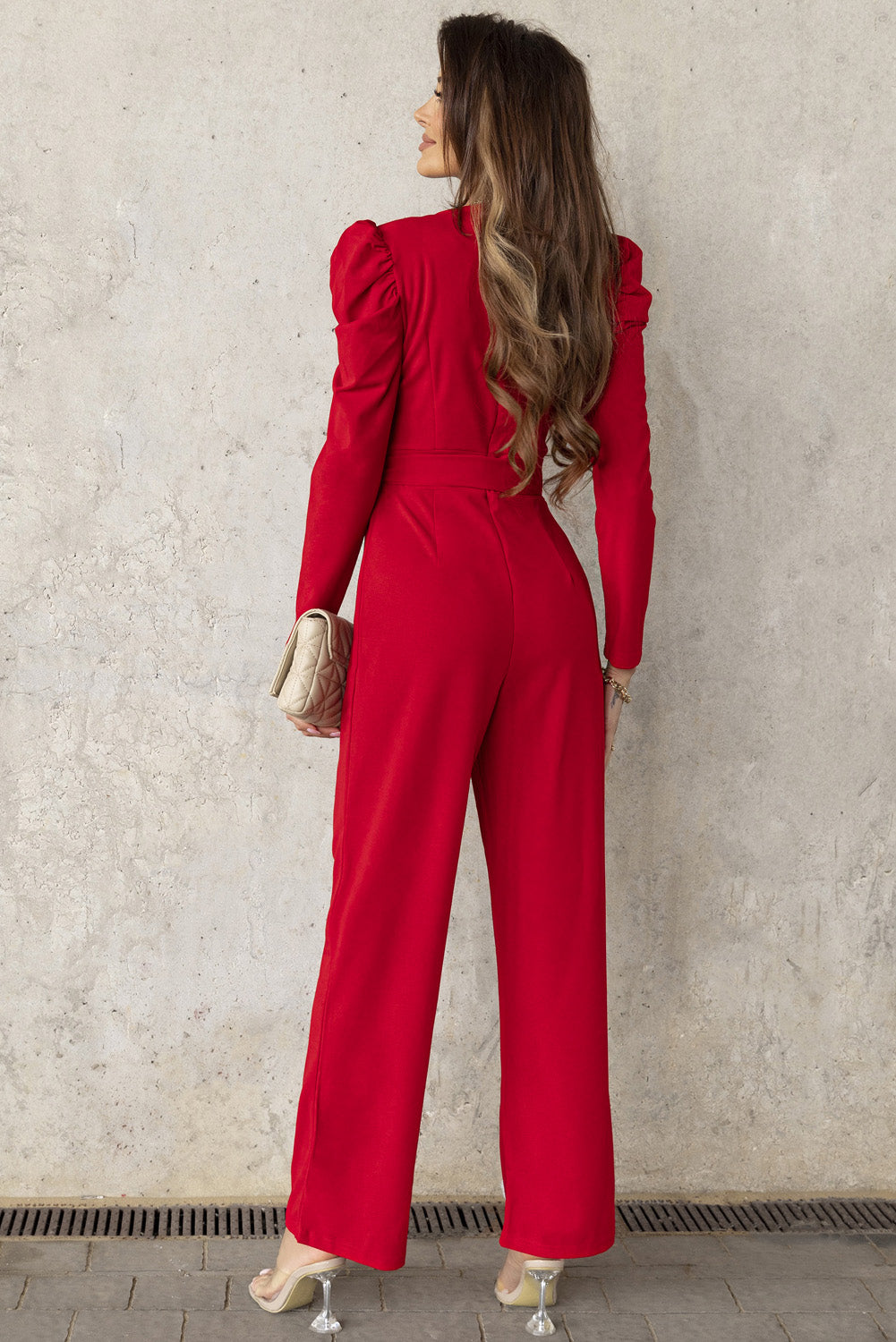 Sunset and Swim Belted Long Puff Sleeve V-Neck Jumpsuit Sunset and Swim   