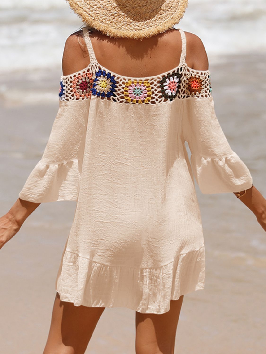 Sunset Vacation  Crochet Cold Shoulder Three-Quarter Sleeve Beach Cover Up Sunset and Swim   