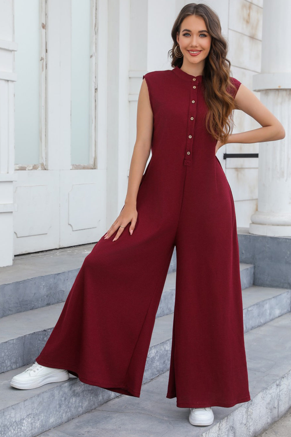 Sunset and Swim  Half Button Wide Leg Jumpsuit with Pockets Sunset and Swim Wine S 