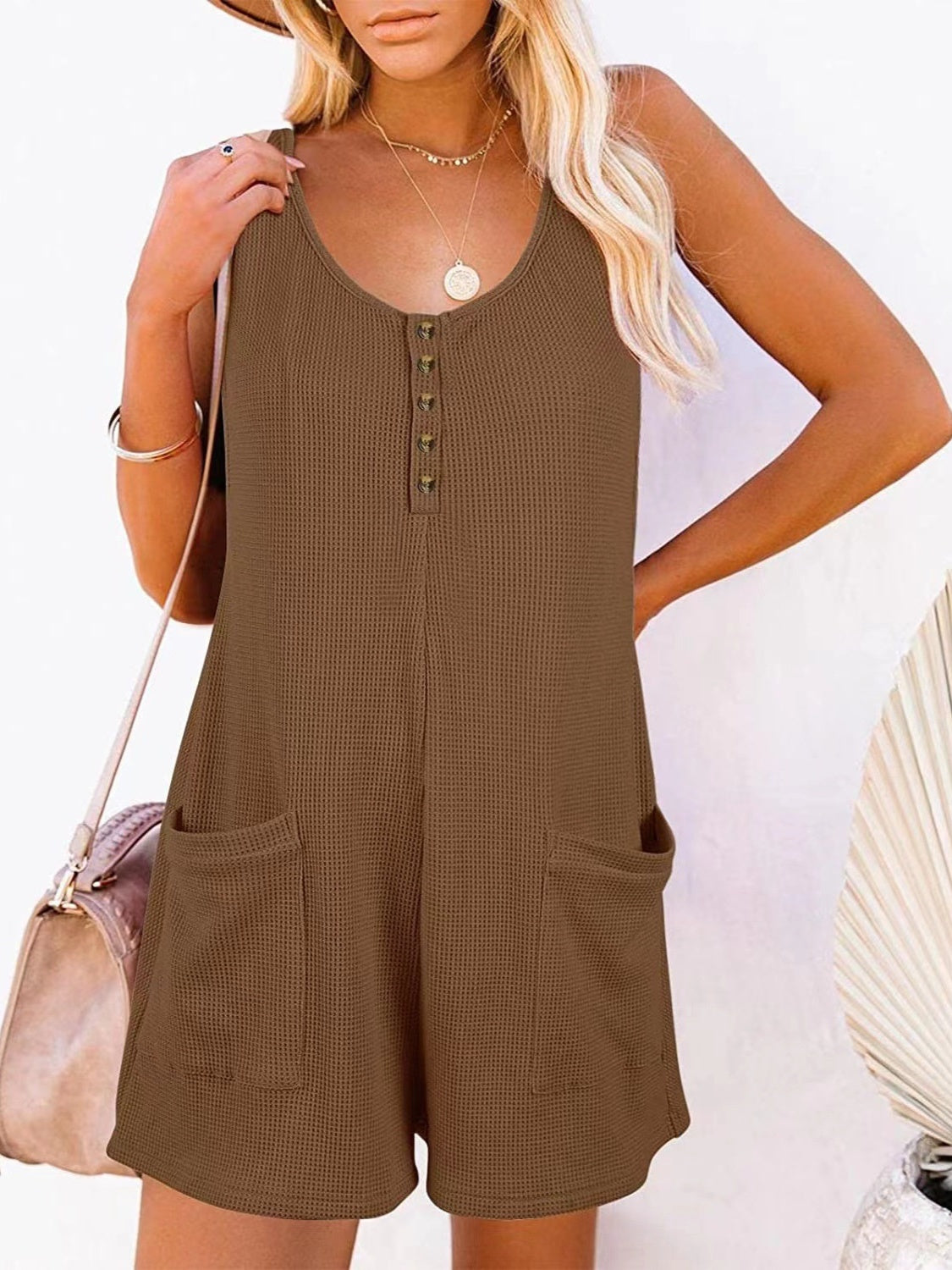 Sunset and Swim  Plus Size Pocketed Scoop Neck Sleeveless Romper Sunset and Swim Taupe S 