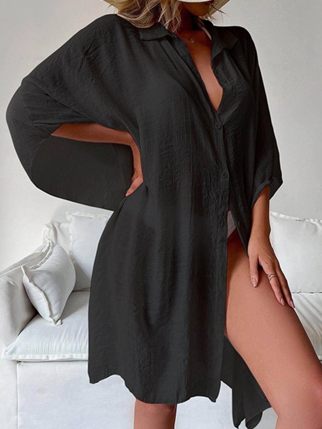 Sunset Vacation  Button Up Three-Quarter Sleeve Cover Up  Sunset and Swim Black One Size 