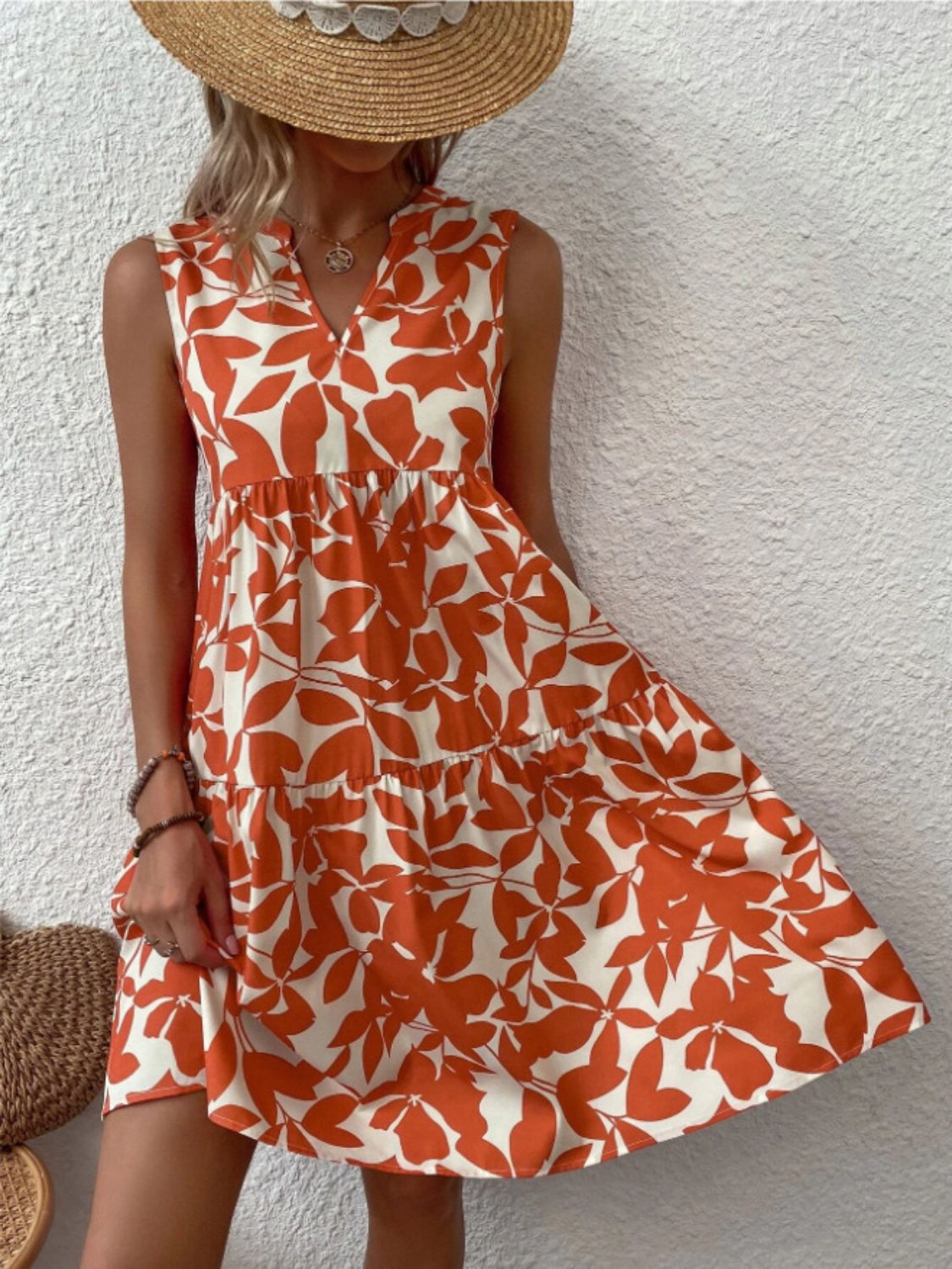 Sunset Vacation Printed Notched Sleeveless Mini Dress Sunset and Swim   