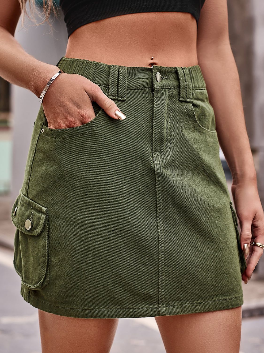 Denim Mini Skirt with Pockets Sunset and Swim Army Green S 