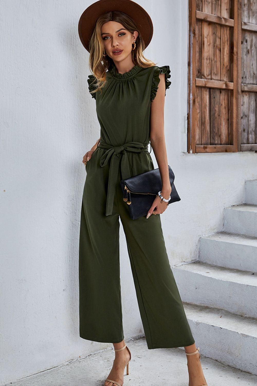 Butterfly Sleeve Tie Waist Jumpsuit  Sunset and Swim Army Green S 