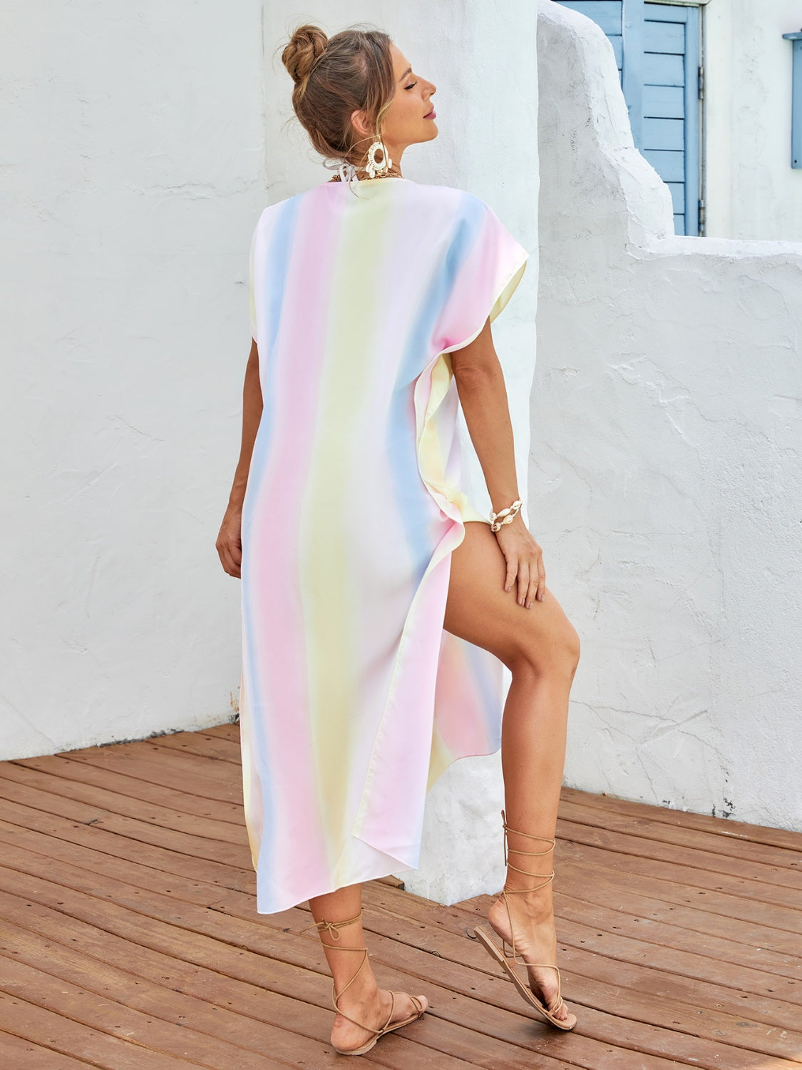 Sunset Vacation  Slit Striped Notched Short Sleeve Cover Up  Sunset and Swim   