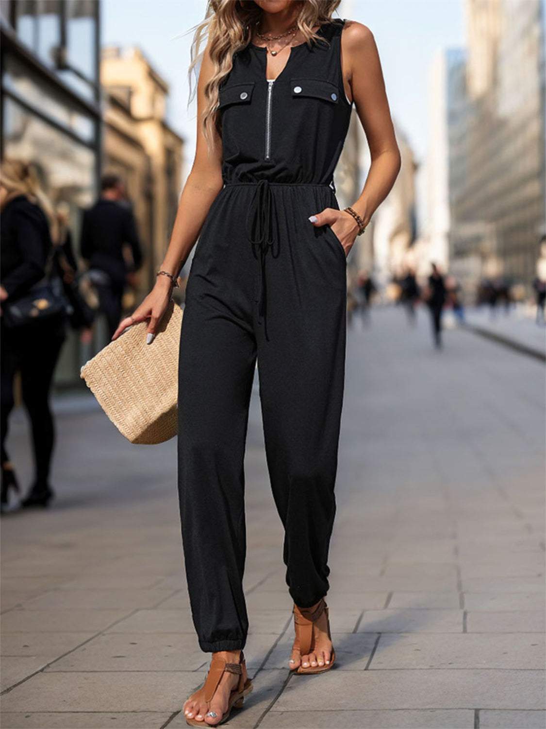 Half Zip Sleeveless Jumpsuit with Pockets Sunset and Swim   