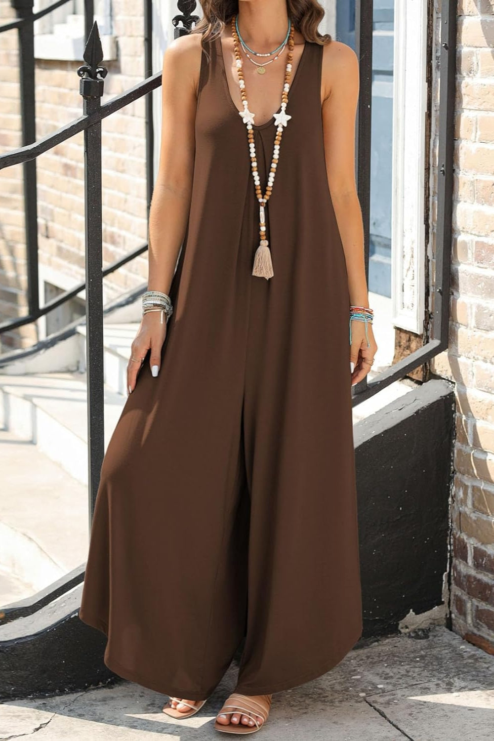 Sunset and Swim  Pocketed Scoop Neck Wide Leg Jumpsuit Sunset and Swim Chocolate S 