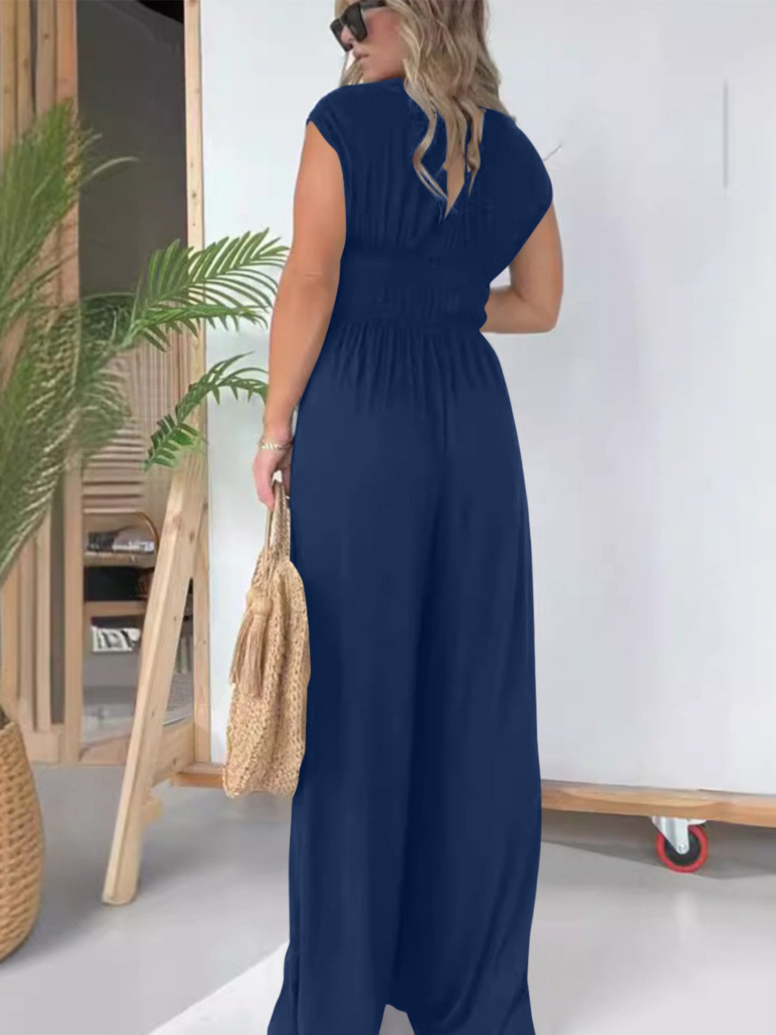 Smocked Cap Sleeve Wide Leg Jumpsuit Sunset and Swim   