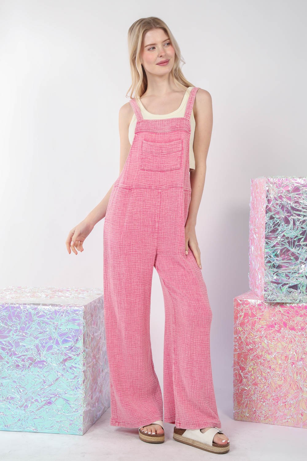 Sunset and Swim  Texture Washed Wide Leg Overalls Sunset and Swim   