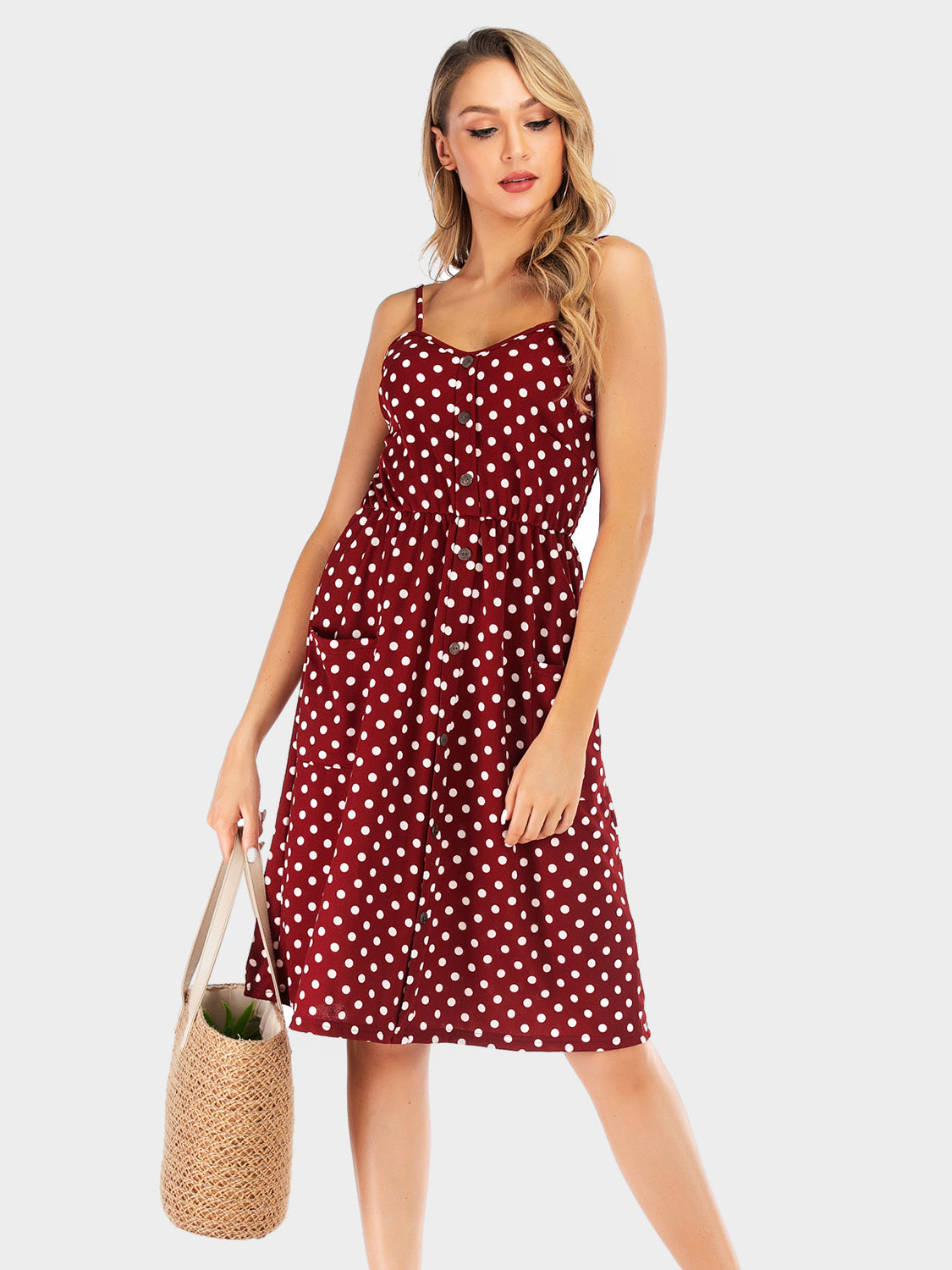 Sunset Vacation Perfee Polka Dot Sweetheart Neck Dress with Pockets Sunset and Swim Burgundy S 