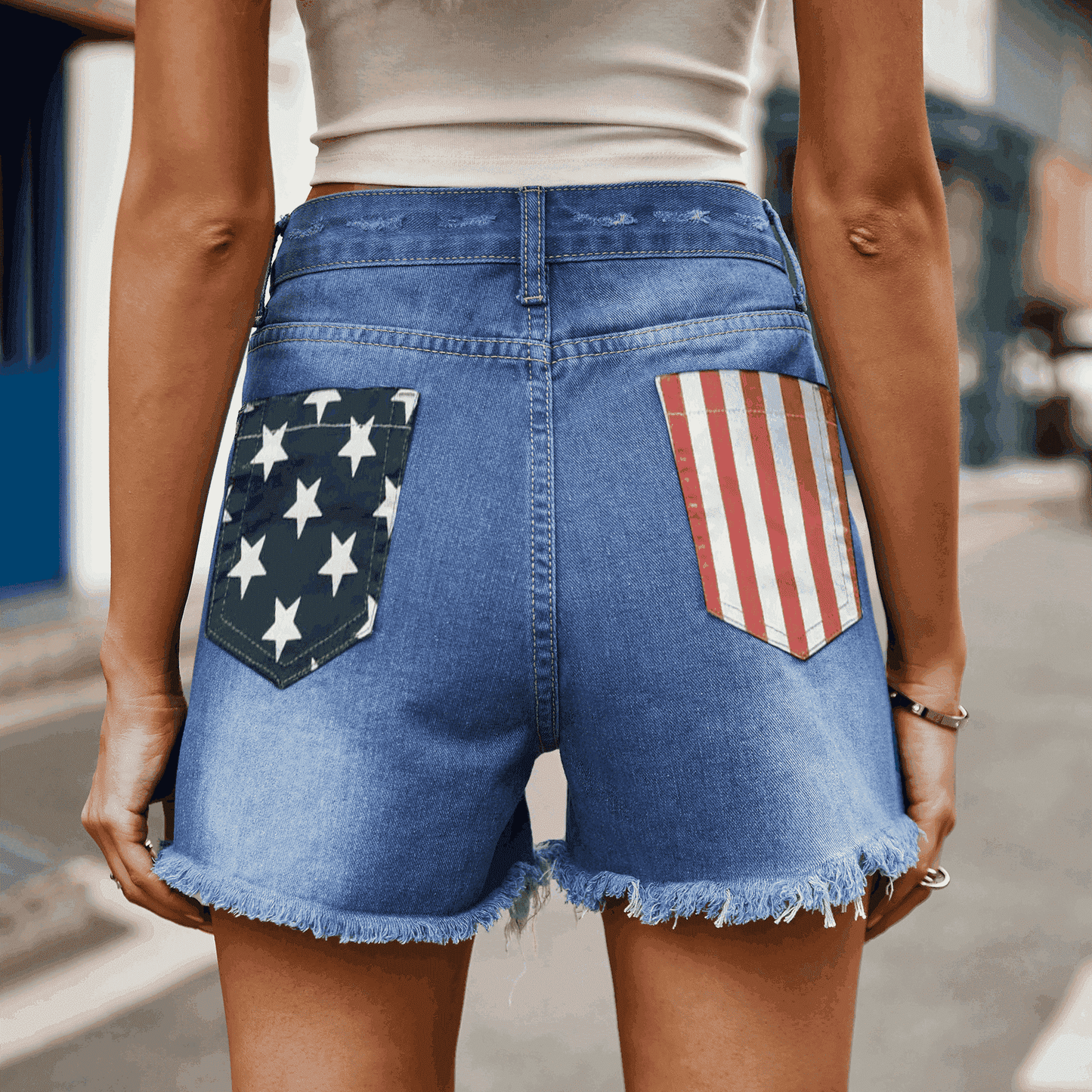 US Flag Distressed Denim Shorts Sunset and Swim Medium S 