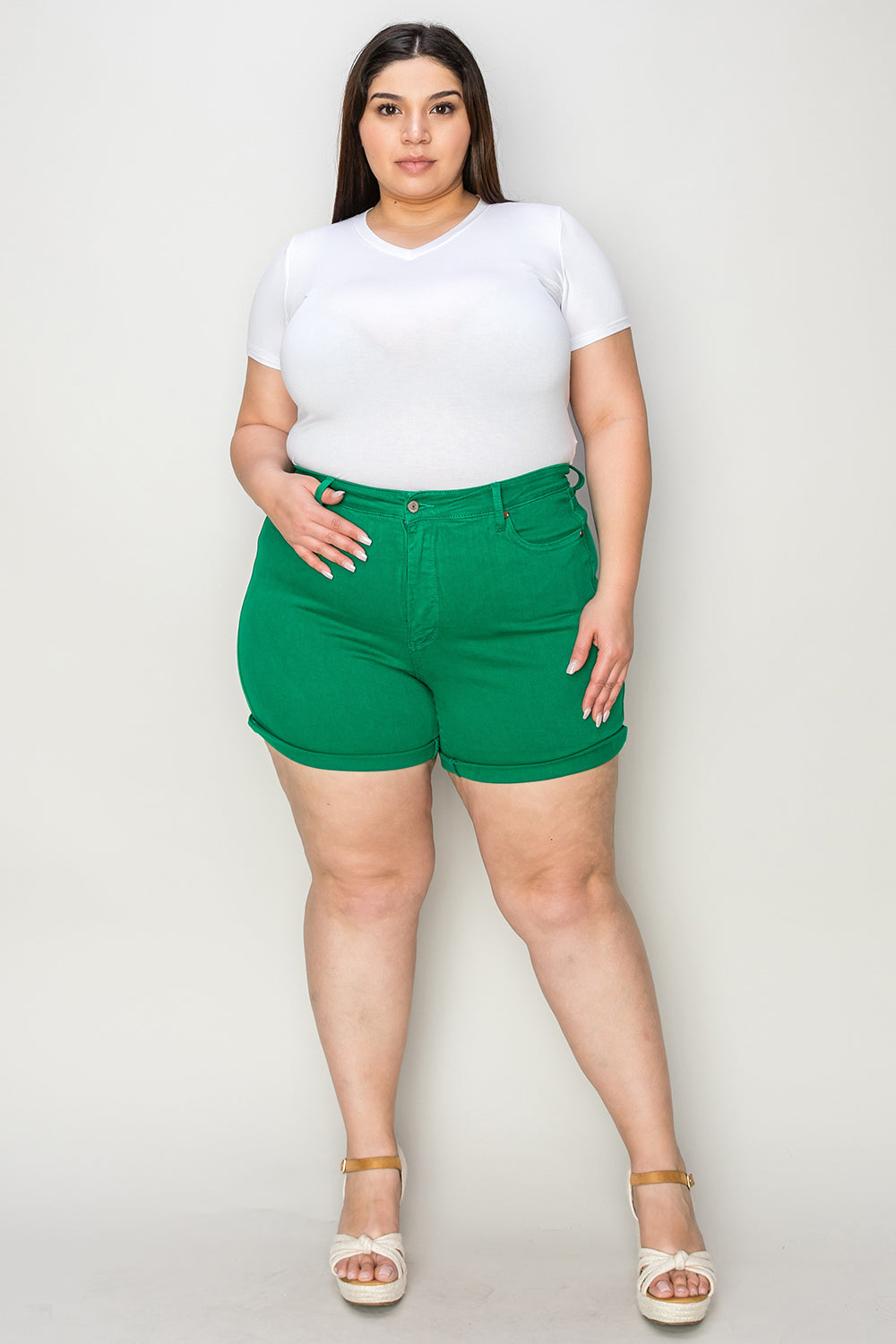 Judy Blue Full Size Tummy Control Garment Dyed Denim Shorts Sunset and Swim K GREEN S 