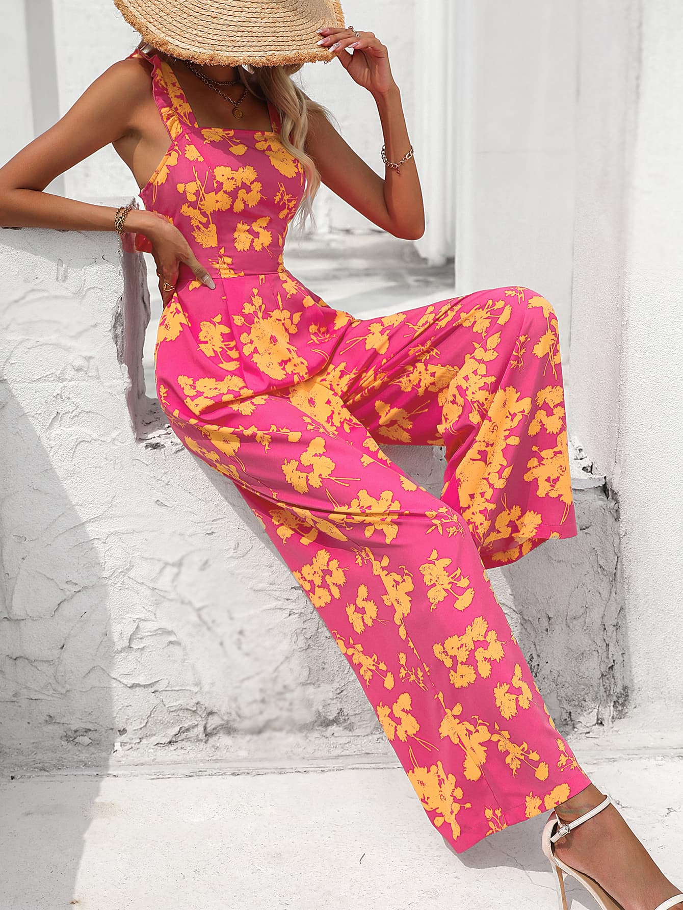 Floral Square Neck Cutout Tie Back Jumpsuit Sunset and Swim   