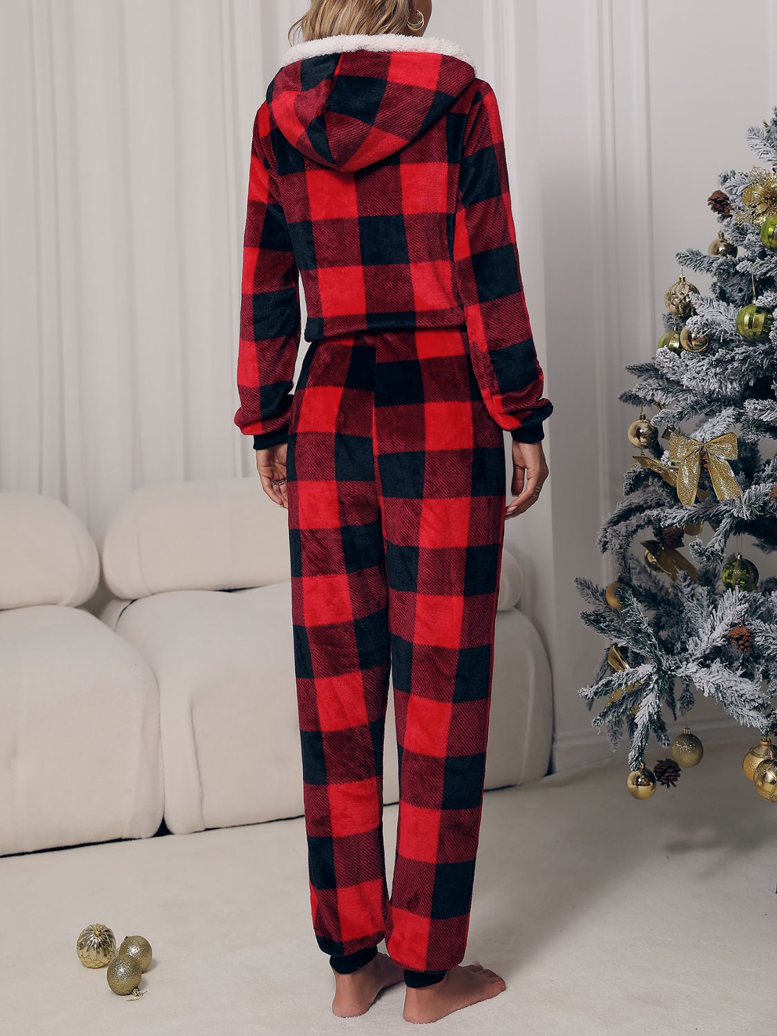 Plaid Zip Front Long Sleeve Hooded Lounge Jumpsuit Sunset and Swim   