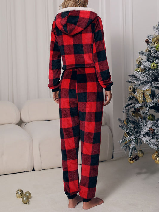 Plaid Zip Front Long Sleeve Hooded Lounge Jumpsuit  Sunset and Swim   