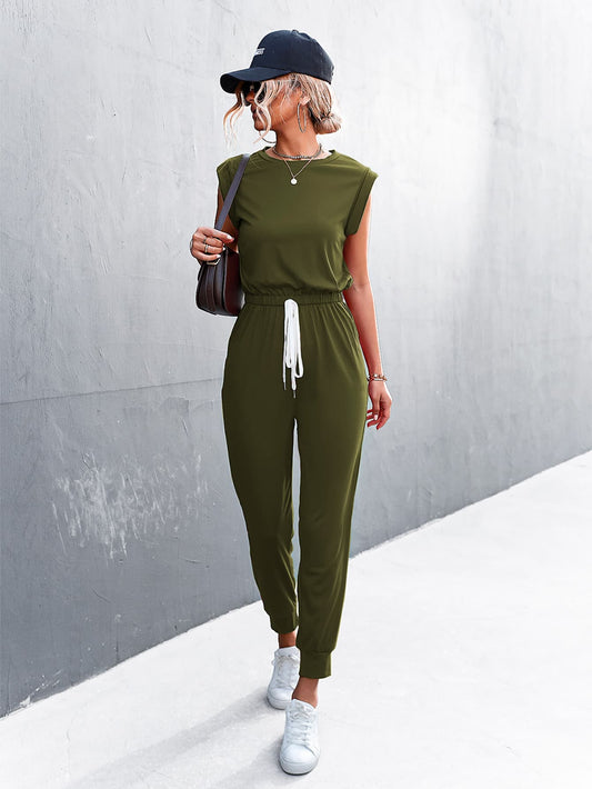 Round Neck Cap Sleeve Jumpsuit Sunset and Swim Army Green S 