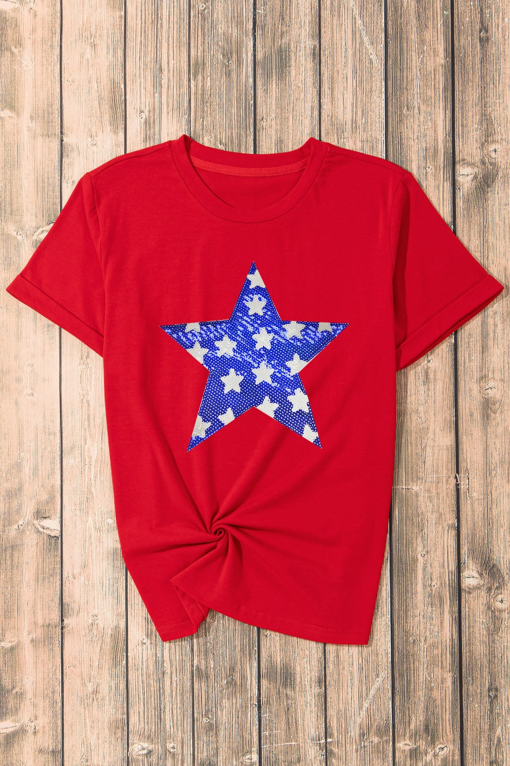 USA Sequin Star Round Neck Short Sleeve T-Shirt Sunset and Swim   