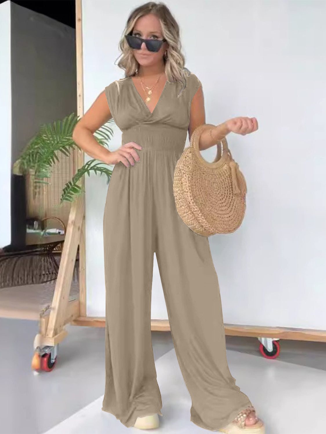 Smocked Cap Sleeve Wide Leg Jumpsuit Sunset and Swim Dust Storm S 