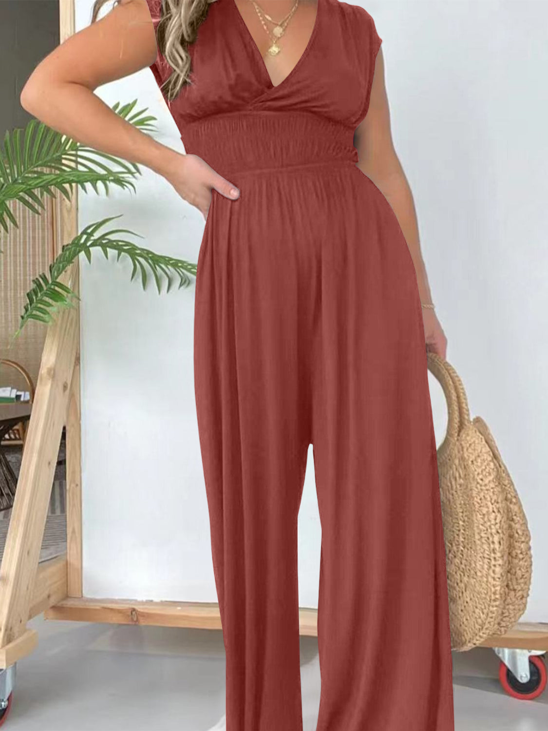 Smocked Cap Sleeve Wide Leg Jumpsuit Sunset and Swim Brick Red S 