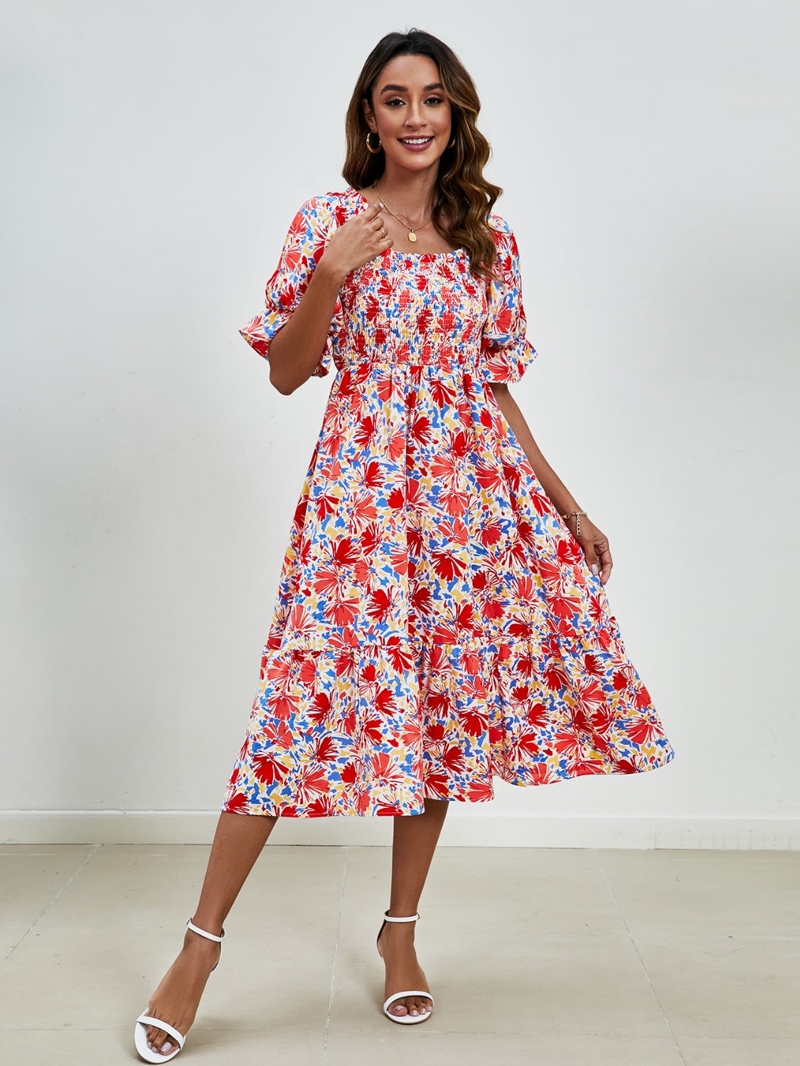 Sunset and Swim  Smocked Floral Square Neck Short Sleeve Dress Sunset and Swim   