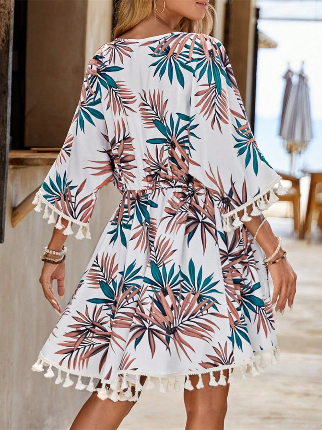 Tassel Tied Printed Half Sleeve Cover Up Sunset and Swim   